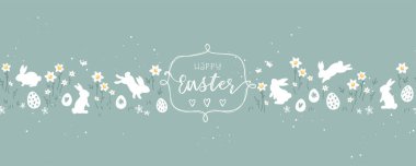 Hoş el çizimi, nergisli paskalya yatay dikişsiz desen, paskalya karalama arkaplanı, tekstil, pankart, duvar kağıtları, ambalaj - vektör tasarımı