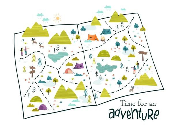 キャンプ場 テント 風景や歩道 バナー 壁紙のための素晴らしいとかわいい手描きベクトルマップ — ストックベクタ
