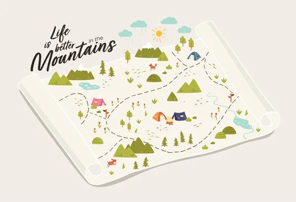 テント 丘とかわいい手描きの地図 絵に描いたような風景 バナー カードのための素晴らしい — ストックベクタ