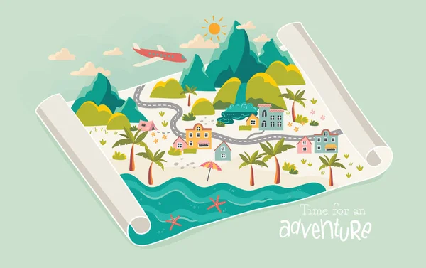 Niedliche Handgezeichnete Urlaubskarte Mit Bergen Wasserfall Palmen Hügeln Abgebildete Landschaft — Stockvektor