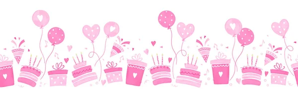 Spaß Handgezeichnet Party Nahtlosen Design Mit Kuchen Geschenkboxen Luftballons Und — Stockvektor