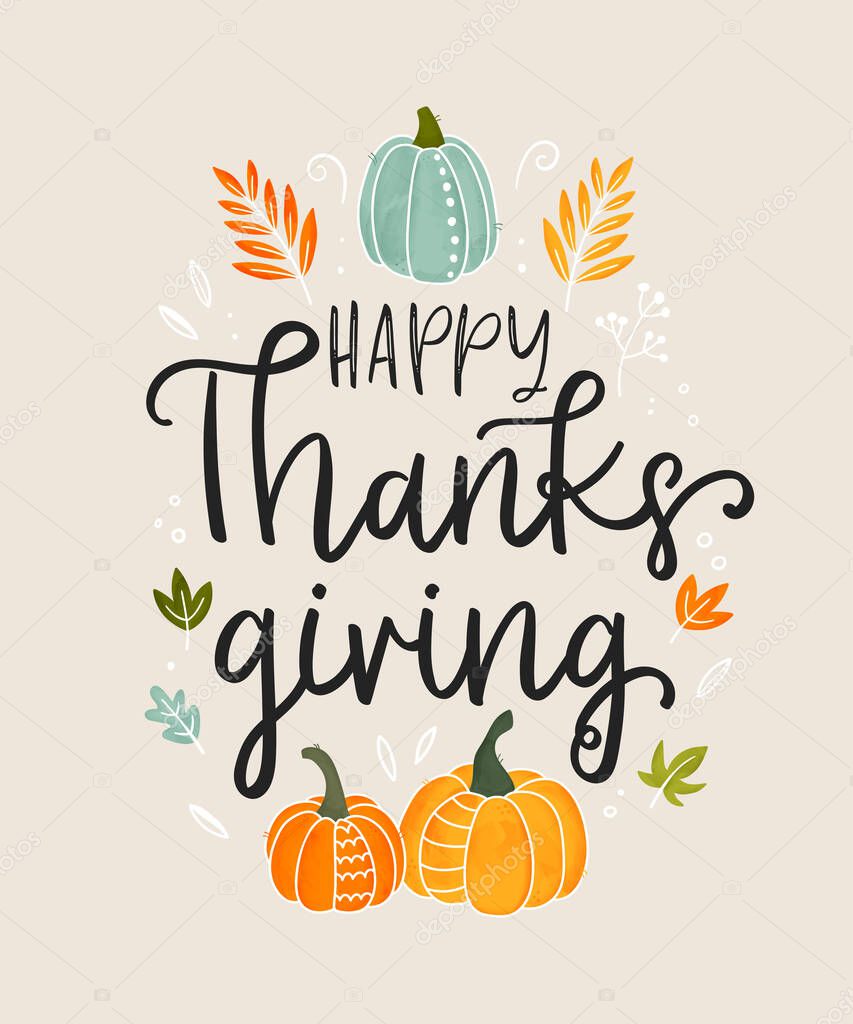 Cute hand drawn Thanksgiving design with text and decoration, great for invitations, banners.