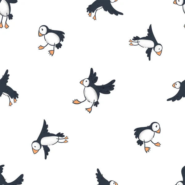 Cute hand drawn puffin seamless pattern, lovely doodle birds background, great for textiles, banners, wallpapers - vector design