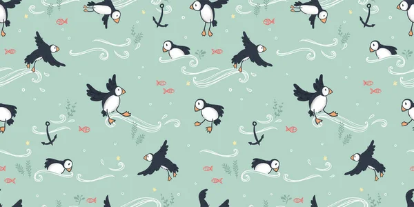 Cute hand drawn puffin seamless pattern, lovely doodle birds background, great for textiles, banners, wallpapers - vector design