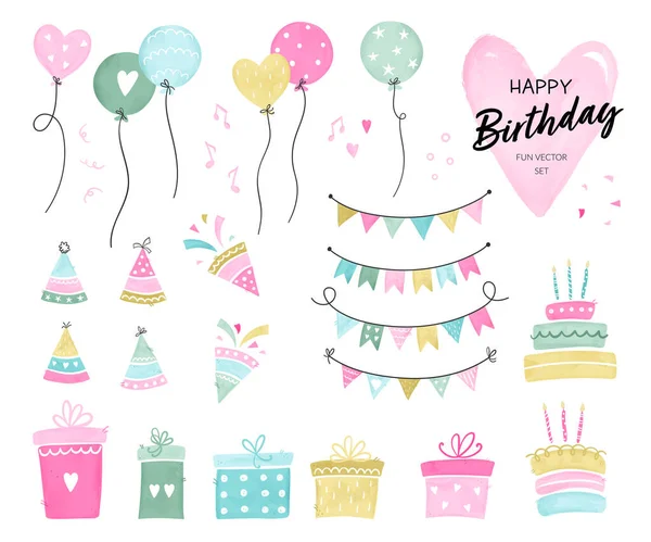 Uppsättning Handritade Doodle Födelsedagskalas Designelement Vektorillustrationer Partydekoration Ballonger Presentförpackning Tårta — Stock vektor