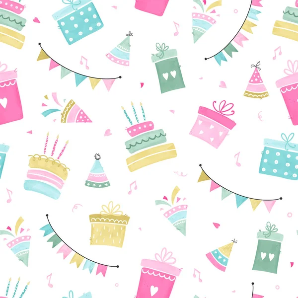 Spaß Handgezeichnet Party Nahtlosen Hintergrund Mit Kuchen Geschenkboxen Luftballons Und — Stockvektor