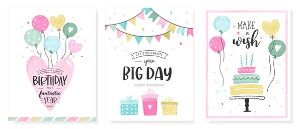 Conjunto Belos Cartões Aniversário Com Balões Presentes Confetes Decoração Design —  Vetores de Stock