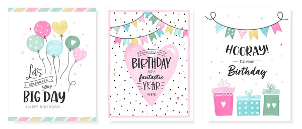 Set Schöner Geburtstagsgrußkarten Mit Luftballons Geschenken Konfetti Und Dekoration Vektor — Stockvektor