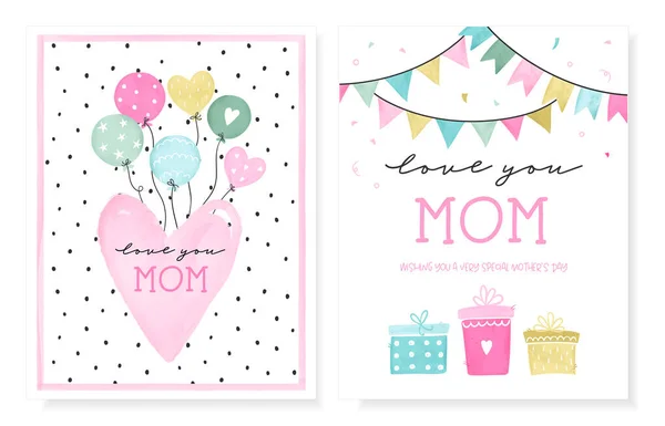 Lustige Handgezeichnete Muttertagskarten Mit Luftballons Geschenken Und Dekoration Vektor Design — Stockvektor