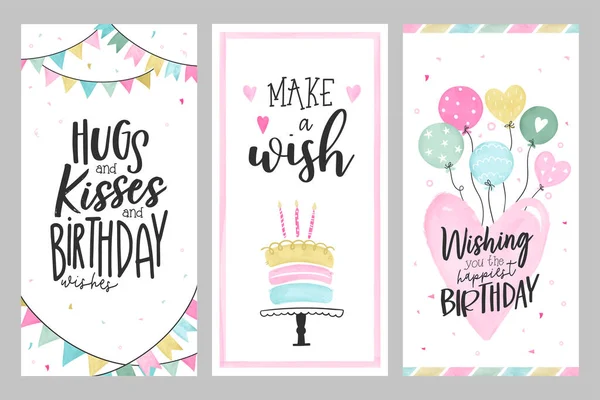Set Schöner Geburtstagsgrußkarten Mit Kuchen Luftballons Geschenken Und Niedlicher Typografie — Stockvektor