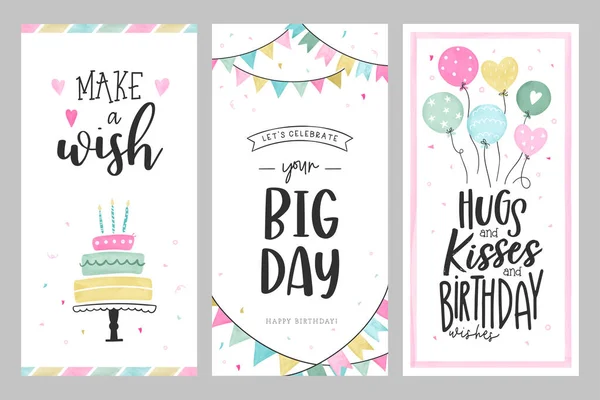 Conjunto Cartões Adoráveis Aniversário Com Bolos Balões Presentes Tipografia Bonito —  Vetores de Stock