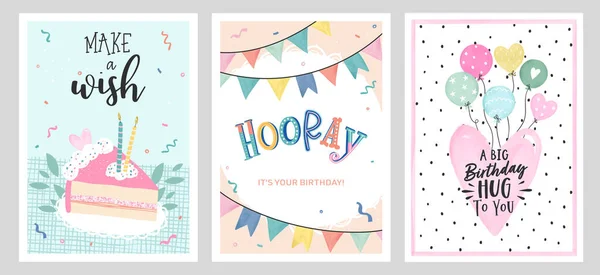 Set Geburtstagspostkarten Mit Konfetti Girlanden Kuchen Und Kerzen Einladungen Alles — Stockvektor