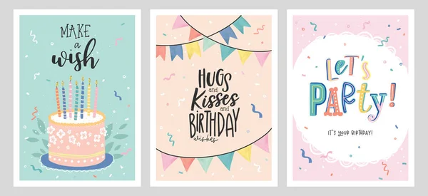 Set Geburtstagspostkarten Mit Konfetti Girlanden Kuchen Und Kerzen Einladungen Alles — Stockvektor
