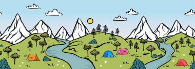 Dağları, çadırı, ağaçları, tepeleri olan şirin bir el çizimi. Basit resimli manzara, macera - afişler, duvar kağıtları, kartlar için harika.