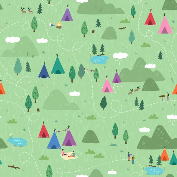 stock vector Cute hand drawn vector seamless pattern with camping doodles, tents, landscape and trails, great for textiles, banners, wallpapers