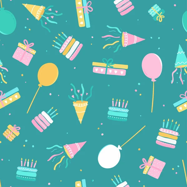 手绘派对无缝背景 礼品盒 气球和派对装饰 伟大的生日派对 纺织品 包装矢量设计 — 图库矢量图片