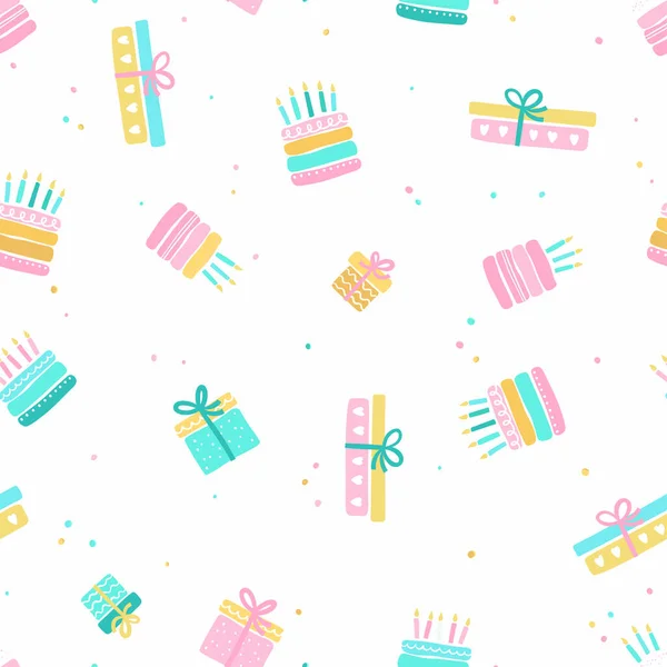 Spaß Handgezeichnet Party Nahtlosen Hintergrund Mit Kuchen Geschenkboxen Luftballons Und — Stockvektor