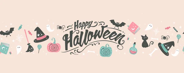 Carino Disegnato Mano Modello Senza Cuciture Halloween Con Zucche Pipistrelli — Vettoriale Stock