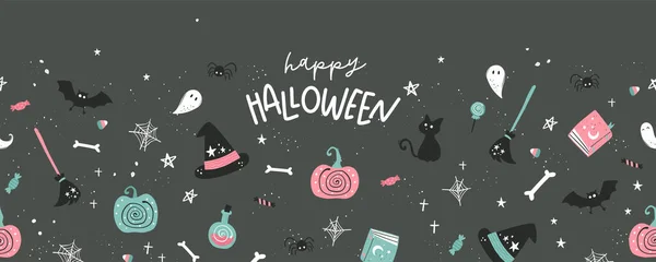 Lindo Dibujo Mano Patrón Sin Costuras Halloween Con Calabazas Murciélagos — Vector de stock