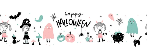 Modèle Sans Couture Halloween Dessiné Main Amusant Avec Chats Chapeaux — Image vectorielle
