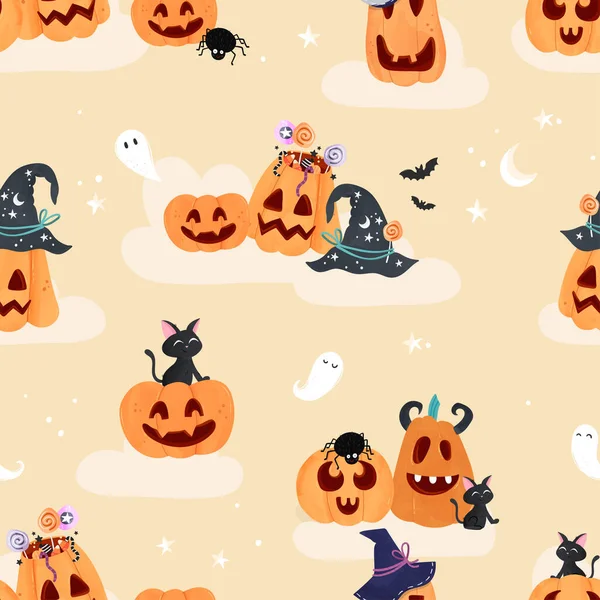 Divertida Calabaza Halloween Dibujado Mano Patrón Sin Costuras Lindo Fondo — Archivo Imágenes Vectoriales