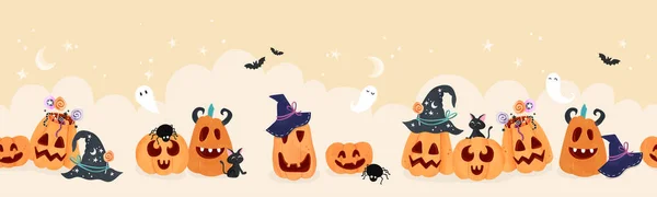Lustiges Handgezeichnetes Horizontales Halloween Kürbismuster Niedlicher Kürbishintergrund Ideal Für Banner — Stockvektor