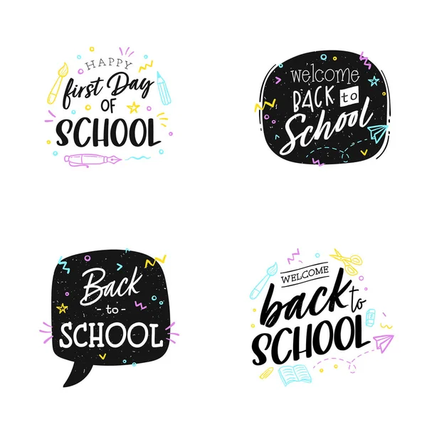 Set Welcome Back School Hand Writing Education Doodles Sale Tag — Vetor de Stock