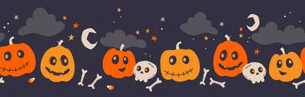 Divertido Dibujo Mano Patrón Sin Costuras Halloween Con Calabazas Decoración — Vector de stock