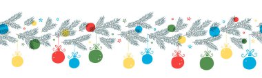 Güzel el çizimi Noel yatay deseni, şirin yeşillik, renkli takılar ve kar taneleri, tekstil, ambalaj, pankart, duvar kağıtları - vektör tasarımı