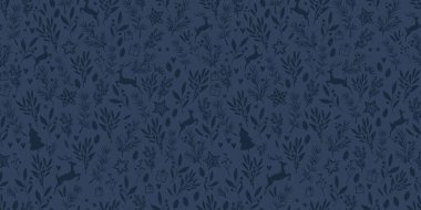 Güzel kış yeşilliği ve geyiksiz desen - el çizimi ve ayrıntılı, noel tekstili, afişler, ambalajlar, duvar kağıtları - vektör yüzey tasarımı