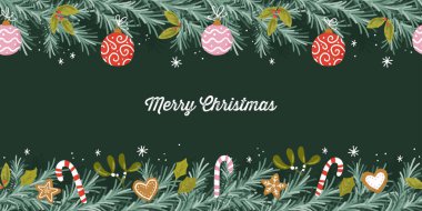 Güzel el çizimi Noel pürüzsüz desen, şirin yeşillik, çiçekler ve kar taneleri, tekstil, ambalaj, pankart, duvar kağıtları - vektör tasarımı -