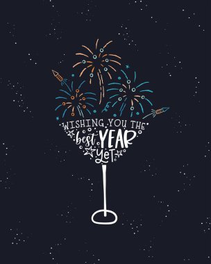 Eğlenceli el çizimi Yeni Yıl Partisi karalamaları - sevimli el yazısı ve havai fişek - vektör tasarımı