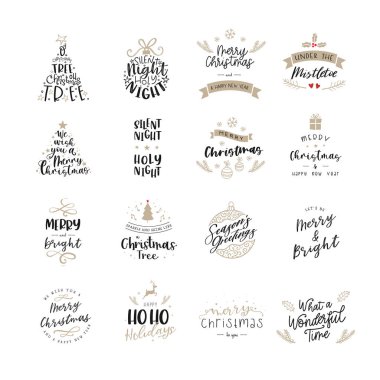 Sevimli dekorasyonlu, el yazısıyla yazılmış çeşitli Noel mektupları, kartlar, etiketler, afişler, duvar kağıtları - vektör tasarımı