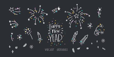 Eğlenceli el çizimleri Yeni Yıl Partisi karalamaları - havai fişekler, kağıt şeritleri, kokteyller ve roketler, afişler, duvar kağıtları, tekstil, ambalaj - vektör tasarımı -