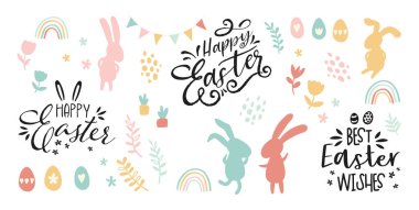 Sevimli el yapımı Paskalya tasarımları şirin tipografi, tatlı el çizimi tavşanlar, yumurtalar ve dekorasyon - vektör tasarımı