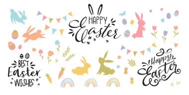Sevimli el yapımı Paskalya tasarımları şirin tipografi, tatlı el çizimi tavşanlar, yumurtalar ve dekorasyon - vektör tasarımı