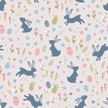 Tavşanlı, çiçekli, paskalya yumurtalı, arkaplanlı paskalya desensiz paskalya deseni. Paskalya kartları, afişler, tekstil, duvar kağıtları, vektör tasarımı için harika.
