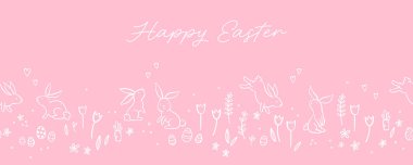 Güzel el çizimi Paskalya yatay desenli tavşanlar, çiçekler, paskalya yumurtaları, güzel arka plan, Paskalya kartları, afişler, tekstil, duvar kağıtları - vektör tasarımı