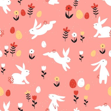 Güzel el çizimi Paskalya yatay desenli tavşanlar, çiçekler, paskalya yumurtaları, güzel arka plan, Paskalya kartları, afişler, tekstil, duvar kağıtları - vektör tasarımı