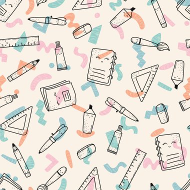 Güzel el, okula kusursuz bir şekilde geri çekilmiş, güzel okul malzemeleri, afişler, duvar kağıtları, ambalaj - vektör tasarımı