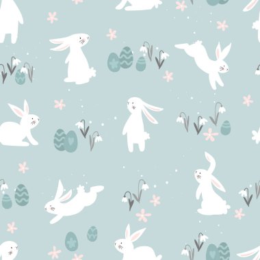 Tavşanlı, çiçekli, paskalya yumurtalı, arkaplanlı paskalya desensiz paskalya deseni. Paskalya kartları, afişler, tekstil, duvar kağıtları, vektör tasarımı için harika.