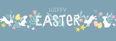 Güzel el çizimi Paskalya yatay desenli tavşanlar, çiçekler, paskalya yumurtaları, güzel arka plan, Paskalya kartları, afişler, tekstil, duvar kağıtları - vektör tasarımı
