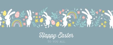 Güzel el çizimi Paskalya yatay desenli tavşanlar, çiçekler, paskalya yumurtaları, güzel arka plan, Paskalya kartları, afişler, tekstil, duvar kağıtları - vektör tasarımı