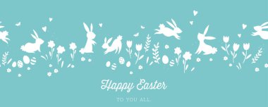 Güzel el çizimi Paskalya yatay desenli tavşanlar, çiçekler, paskalya yumurtaları, güzel arka plan, Paskalya kartları, afişler, tekstil, duvar kağıtları - vektör tasarımı