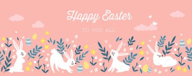 Güzel el çizimi Paskalya yatay desenli tavşanlar, çiçekler, paskalya yumurtaları, güzel arka plan, Paskalya kartları, afişler, tekstil, duvar kağıtları - vektör tasarımı
