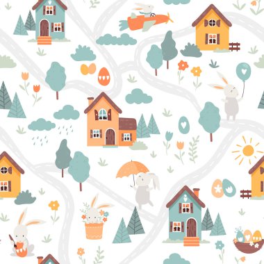 Güzel el çizimi paskalya deseni, şirin dekorasyonlar, tatlı el çizimi tavşanlar, yumurtalar ve çiçekler - vektör tasarımı