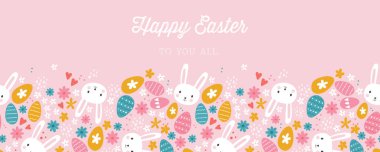 Renkli yumurtalar, sevimli tavşanlar ve çiçeklerle dolu Paskalya konsepti. Kusursuz desen. Tekstil, pankart, duvar kağıtları, ambalaj - vektör tasarımı için harika
