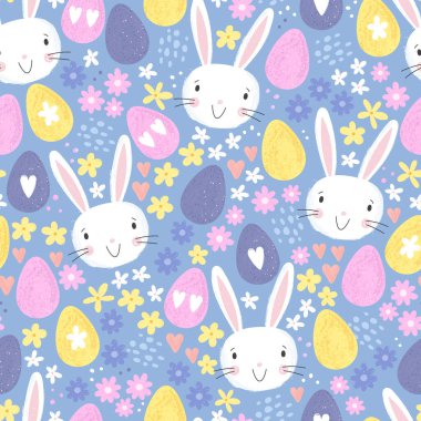 Renkli yumurtalar, sevimli tavşanlar ve çiçeklerle dolu Paskalya konsepti. Kusursuz desen. Tekstil, pankart, duvar kağıtları, ambalaj - vektör tasarımı için harika