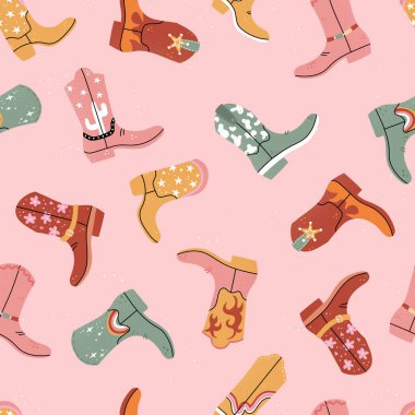 Farklı süslemeleri, kaktüsleri, hayvan desenleri, alevleri, yıldızları olan güzel çizilmiş kovboy çizmeleri. Vektör el çizimi, kusursuz desen, tekstil, duvar kağıtları, ambalaj için harika..