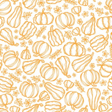 Güzel kabak Halloween Şükran Dikişsiz desen, Sevimli karikatür kabaklar el çizilmiş arka plan, mevsimlik Tekstil baskılar, tatil afiş, arka planında veya duvar kağıtları için büyük-vektör yüzey
